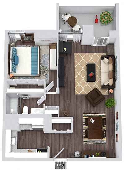 Floor plan for 1 bed, 1 bath, 664 sqft